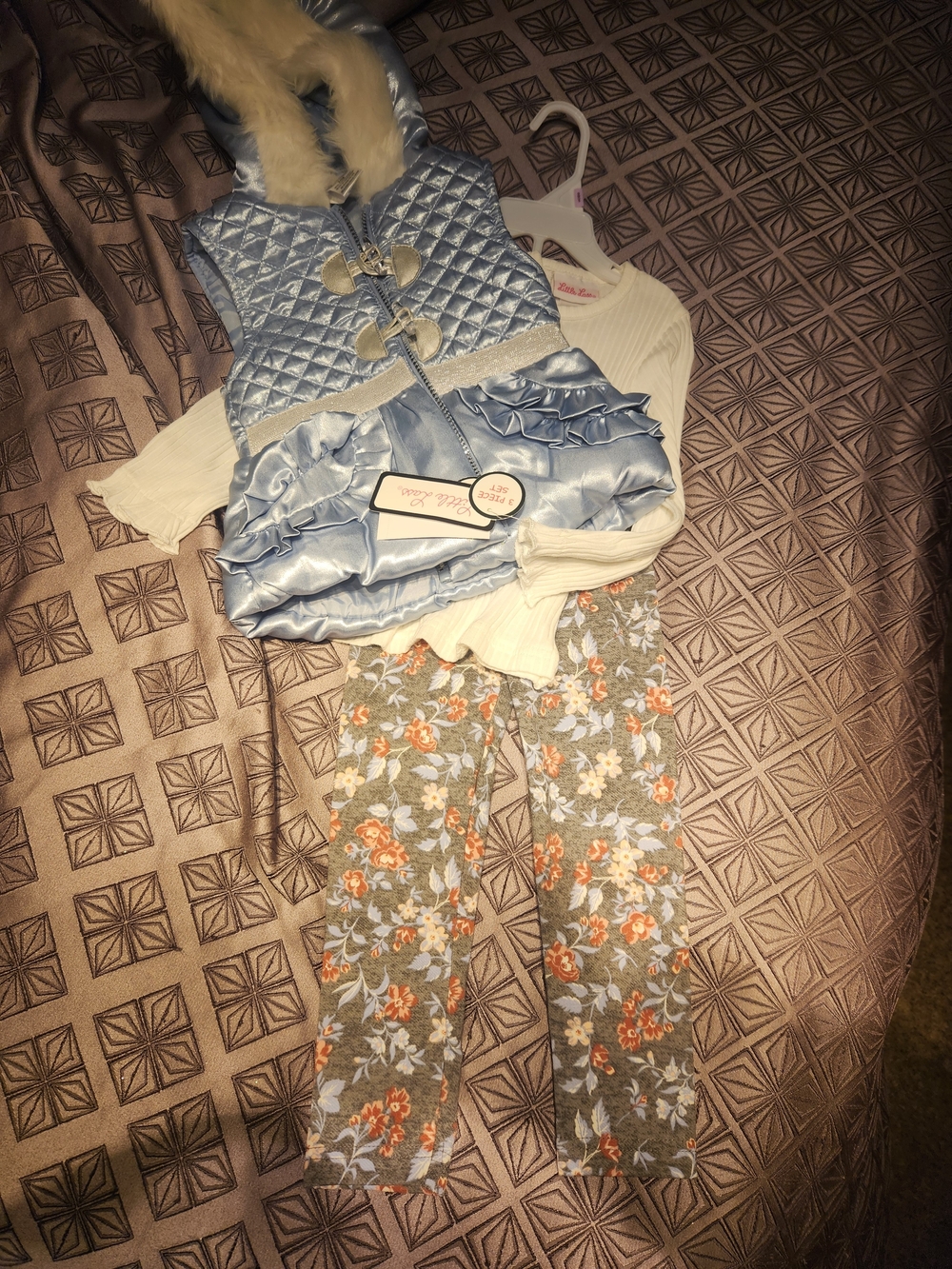 Little Lass Light Blue Quilted Hooded Vest with Cream Top and Floral Pants